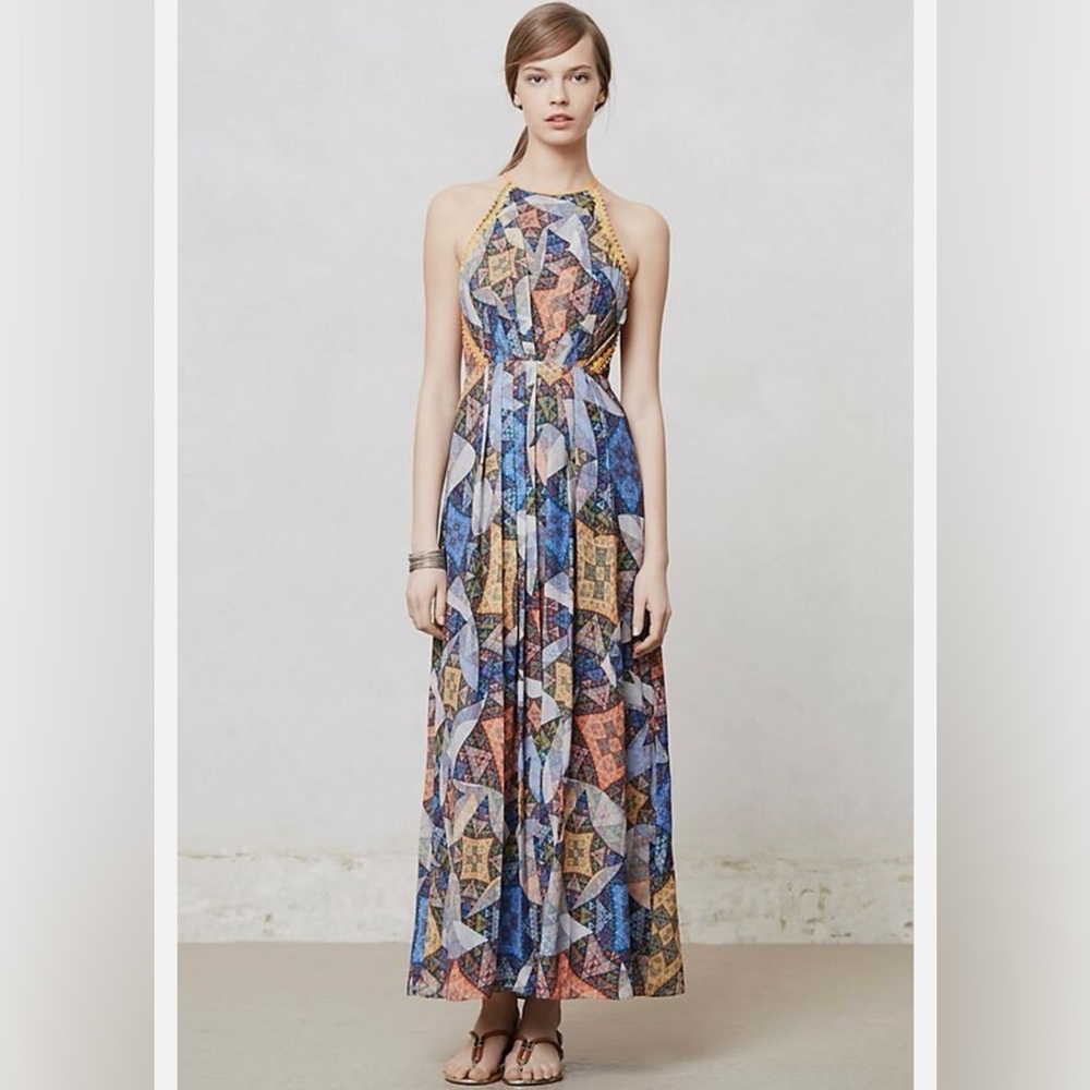 Anthropologie Halter Geometric Patchwork Maxi Dress in Blue, Gold and Rust
